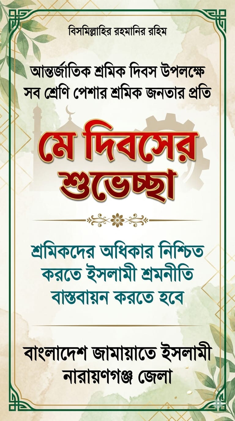 মে দিবস উপলক্ষে নারায়ণগঞ্জ জেলা জামায়াতের আহ্বান: শ্রমিকদের ন্যায্য অধিকার নিশ্চিত করতে হবে