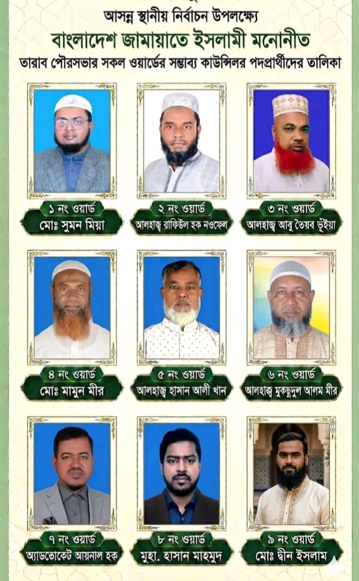 রূপগঞ্জে আসন্ন স্থানীয় নির্বাচনে তারাব পৌরসভার ৯ ওয়ার্ডে কাউন্সিলর প্রার্থীর নাম ঘোষণা